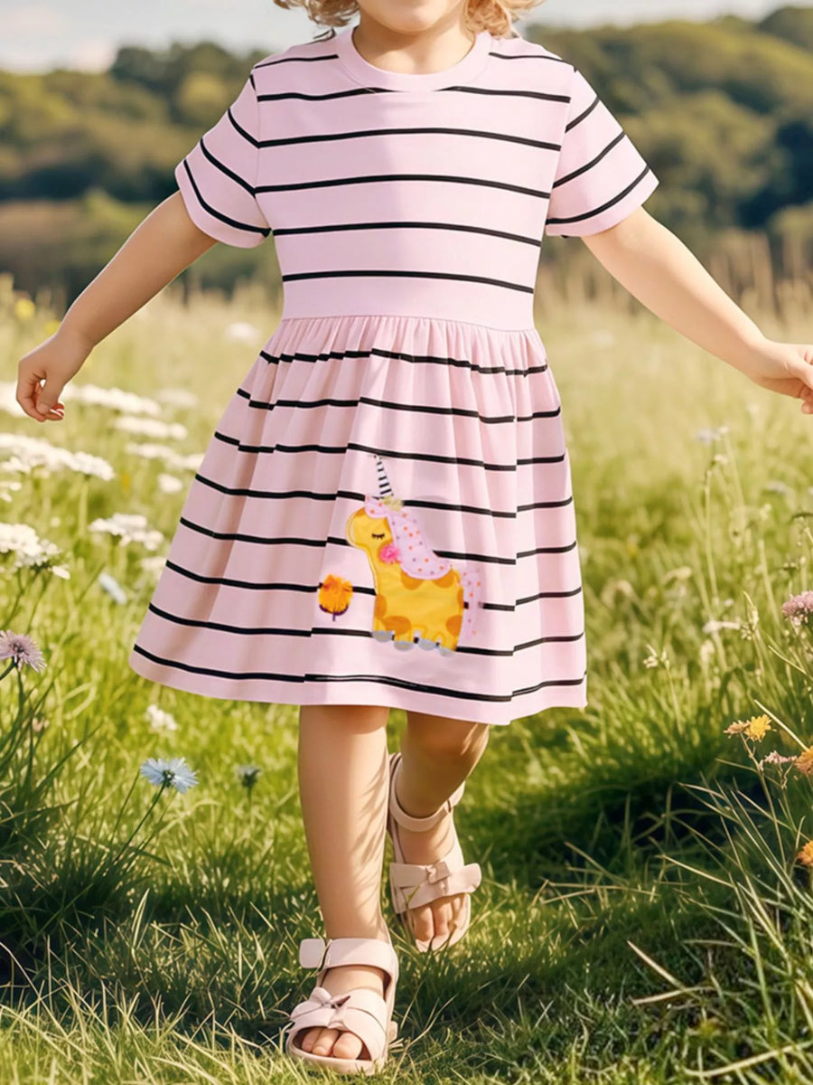 Embroidered Striped Unicorn Cotton Dress