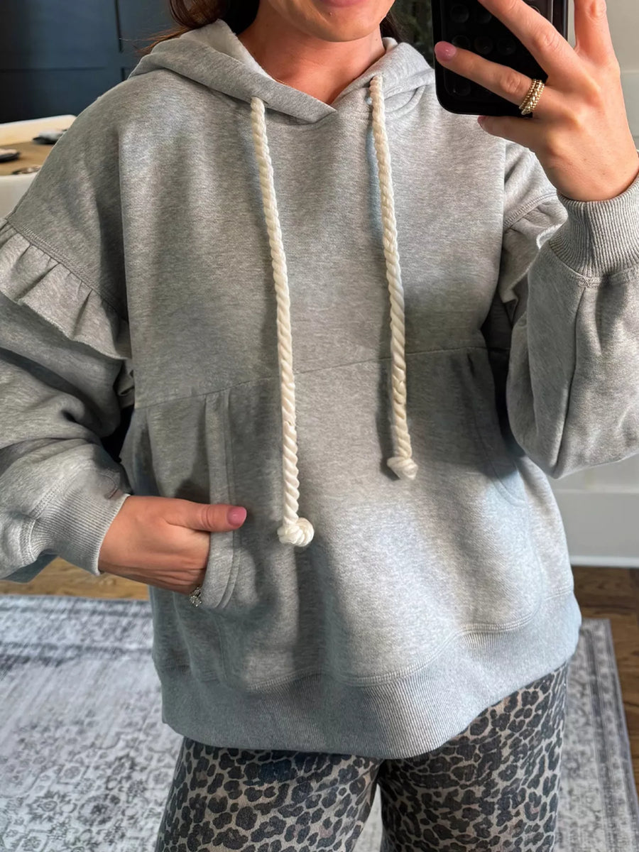 Contrast Drawstring Ruffle-Trim Hoodie — Gray