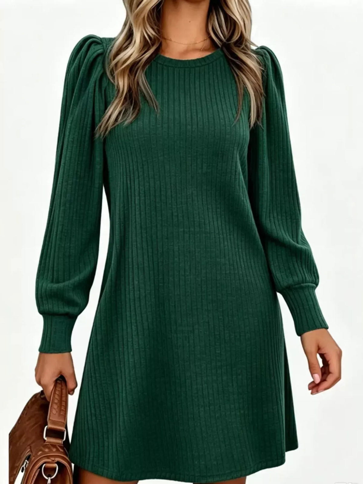 Puff-Sleeve Ribbed Knit Dress with Pockets — photo 12
