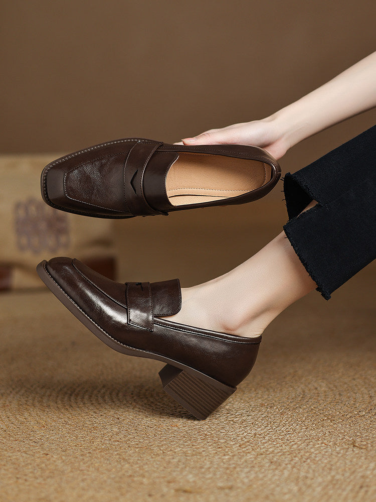 Women's Retro Square-Toe Chunky-Heel Slip-On Loafers – Sheepskin Leather