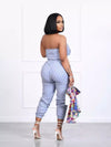 Blue and white striped strapless jogger jumpsuit back view