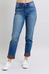 Judy Blue Camden Plaid Print Cuff Straight-Leg Jeans with Pockets — product view 1
