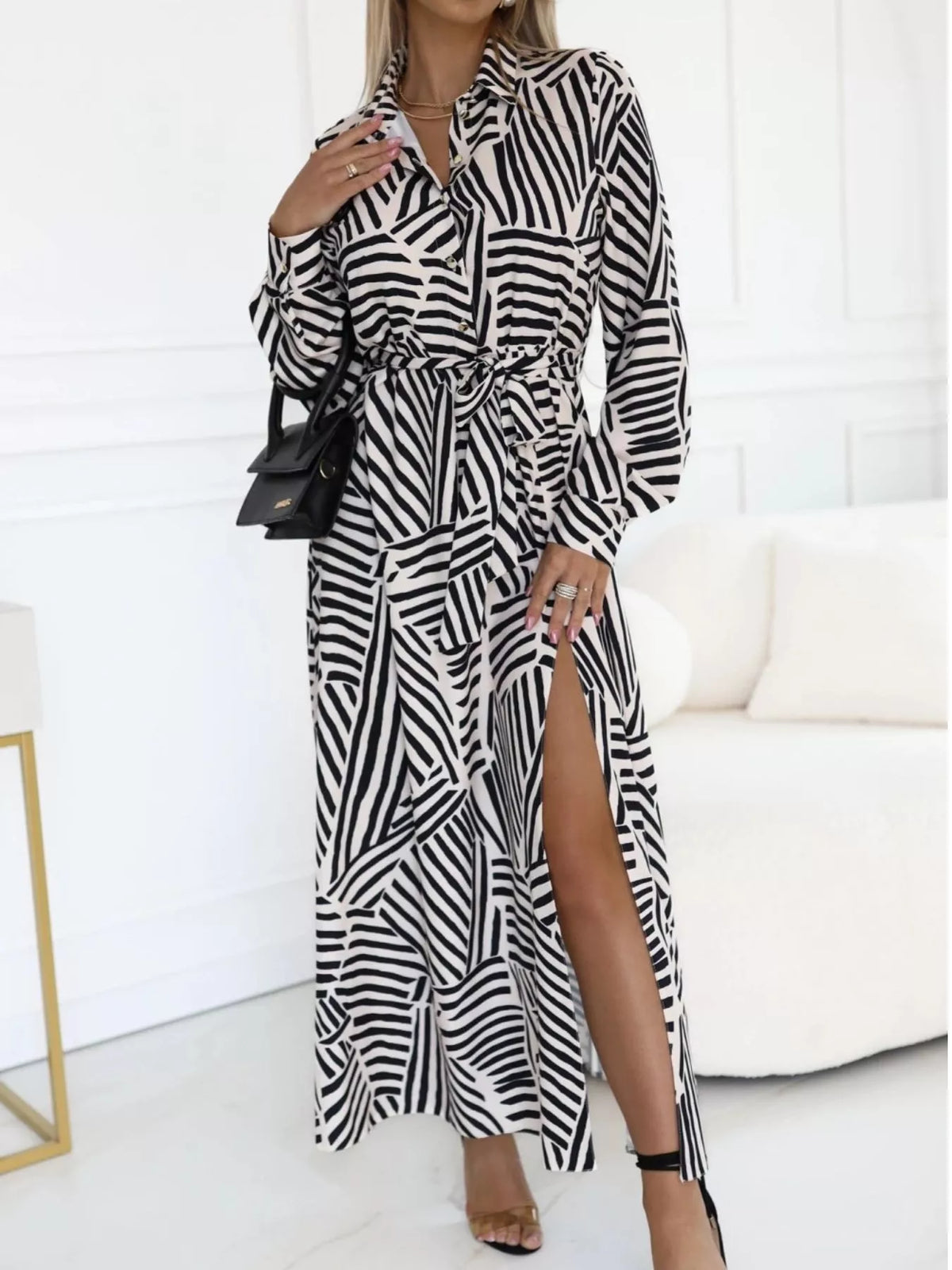 Zebra-Print Belted Maxi Shirt Dress
