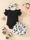 Clover Club Ruffled Cow Bodysuit and Shorts Set with Headband — product view 10