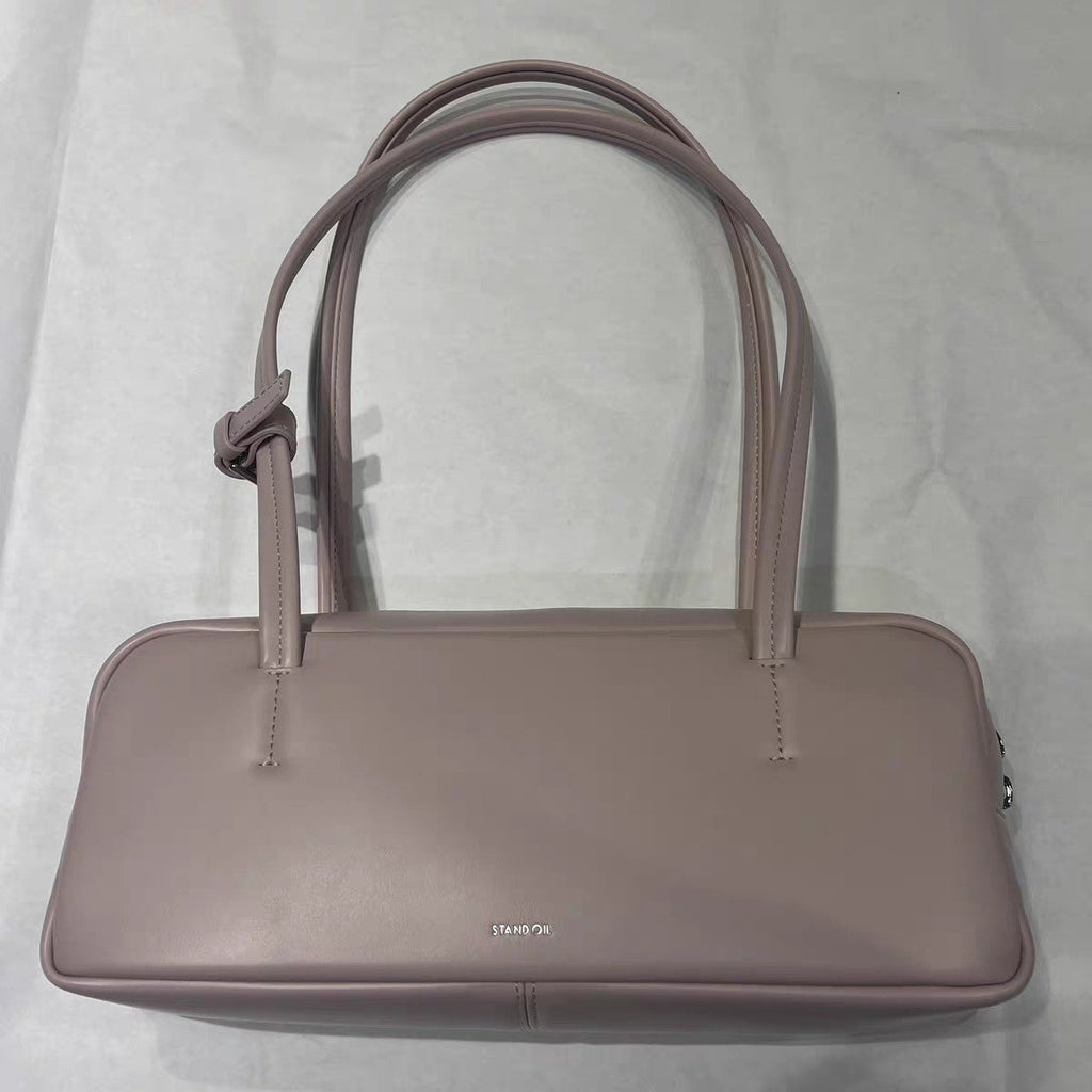 French Baguette Style PU Leather Underarm Tote Bag for Women - Elegant Horizontal Handbag with Lace Detail