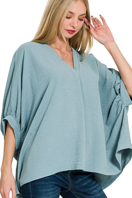 Another view: Woven Airflow V-neck Puff Half Sleeve Top — Blue Grey