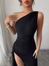 Black one-shoulder ruched high-slit maxi dress, alternate view 2