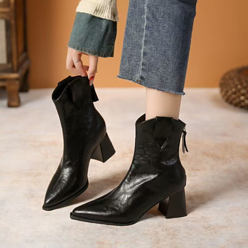 Women's Retro Chunky Heel Ankle Boots – Pointed Toe Side Zipper | Microfiber Leather | All-Season