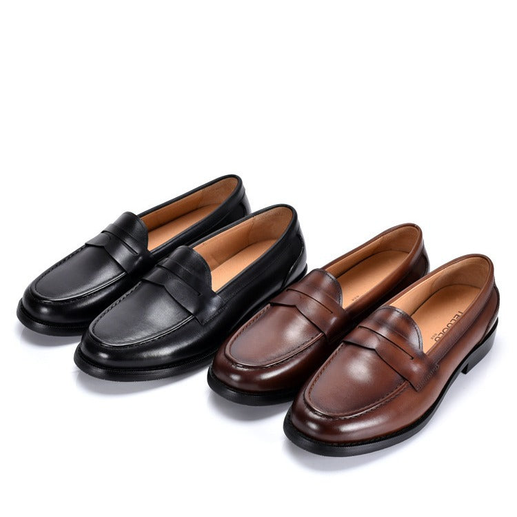 Men's British-Style Vintage Slip-On Loafers – Genuine Cowhide Leather, Round Toe, Low Wedge Heel