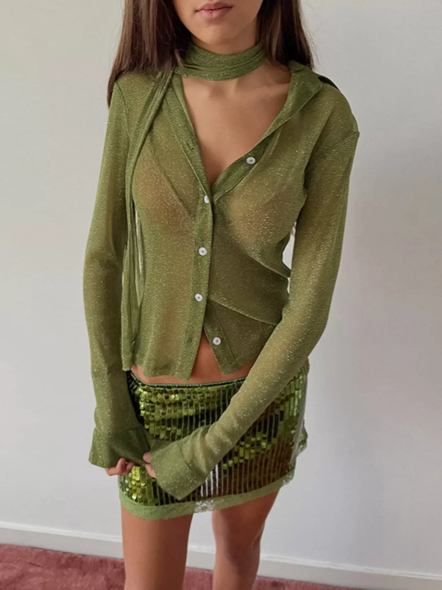 Button-Down Long-Sleeve Shirt with Scarf