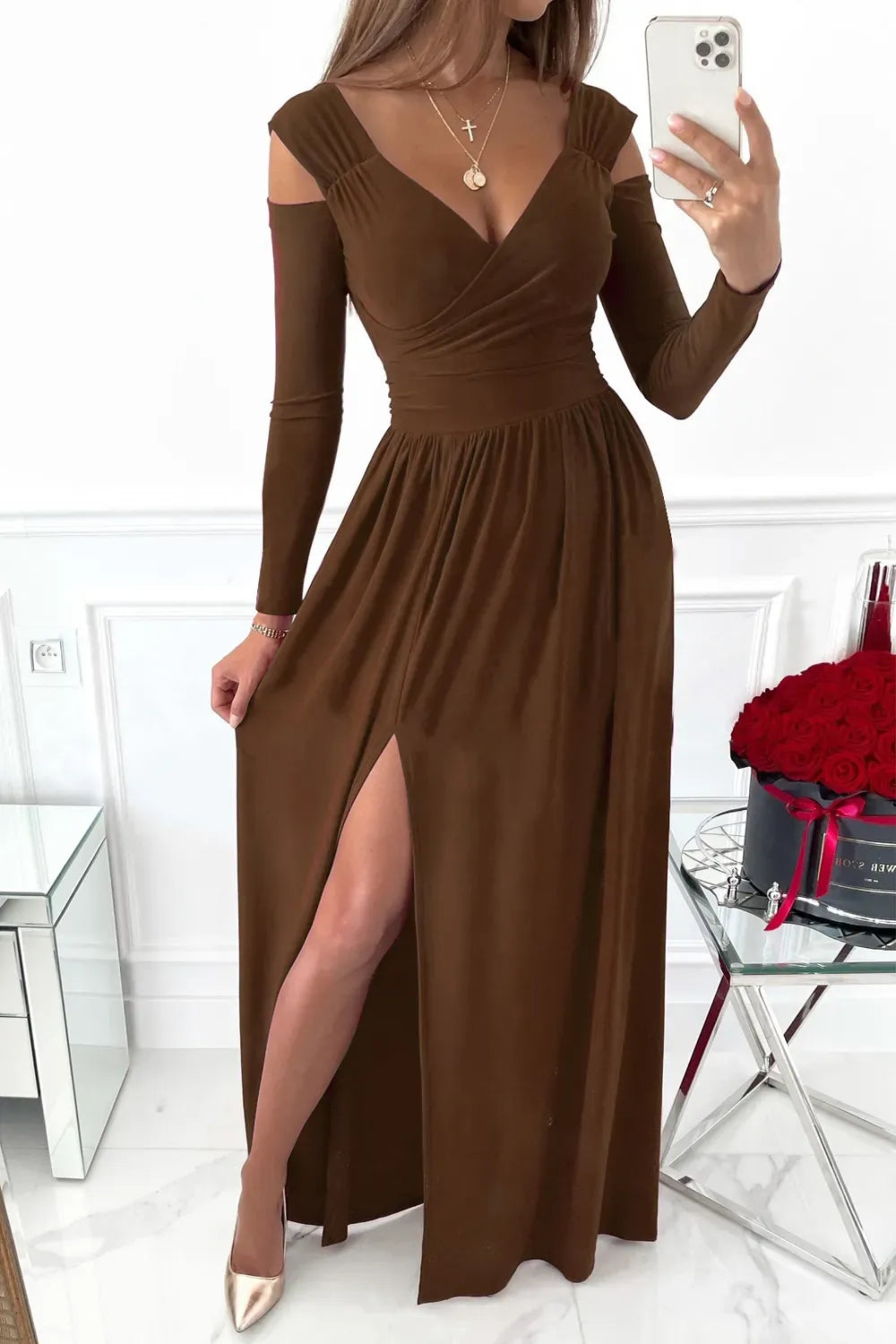 Women's Surplice Long-Sleeve Maxi Dress with Slit — photo 4