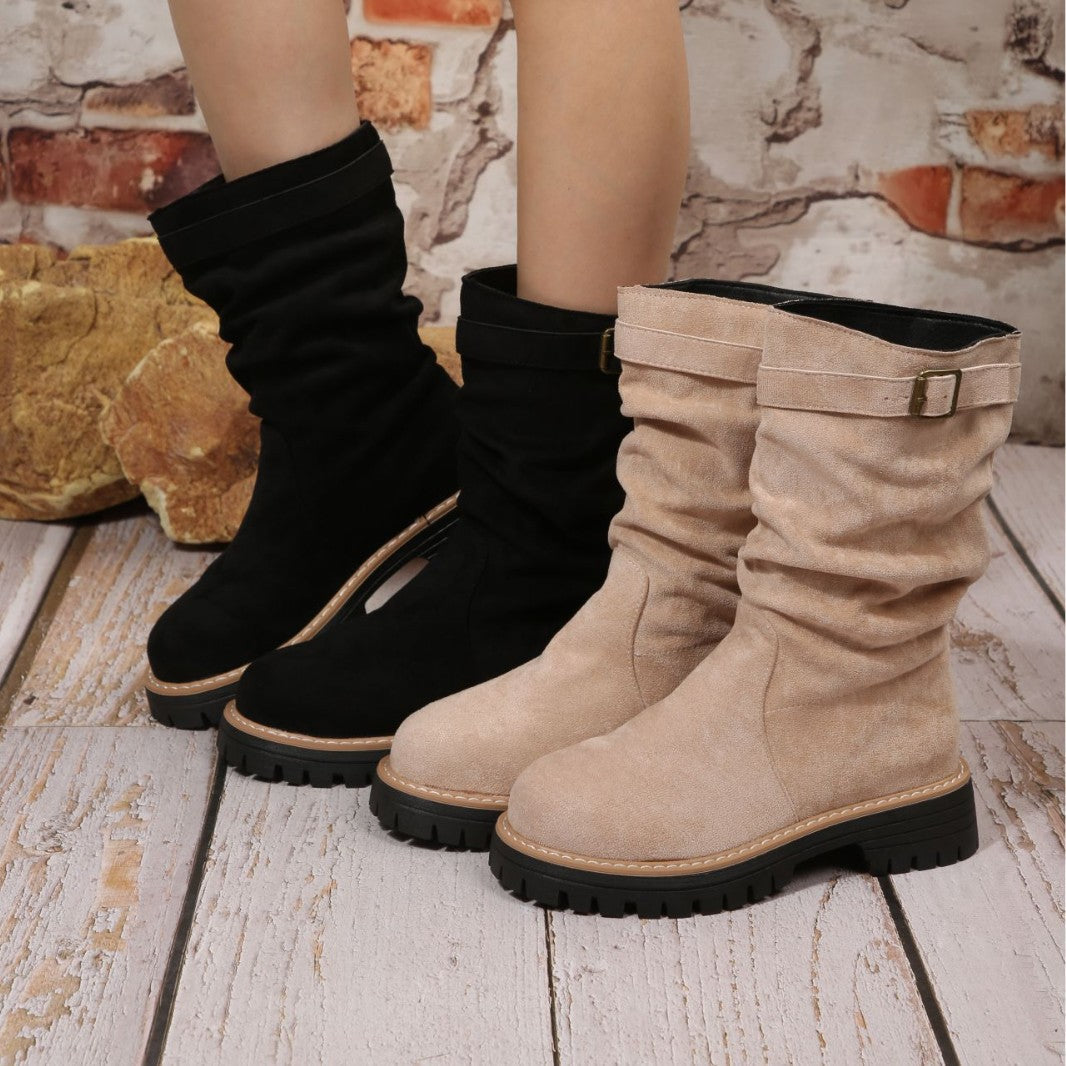 Women's Retro Mid-Calf Riding Boots | Platform Square Heel Slip-On