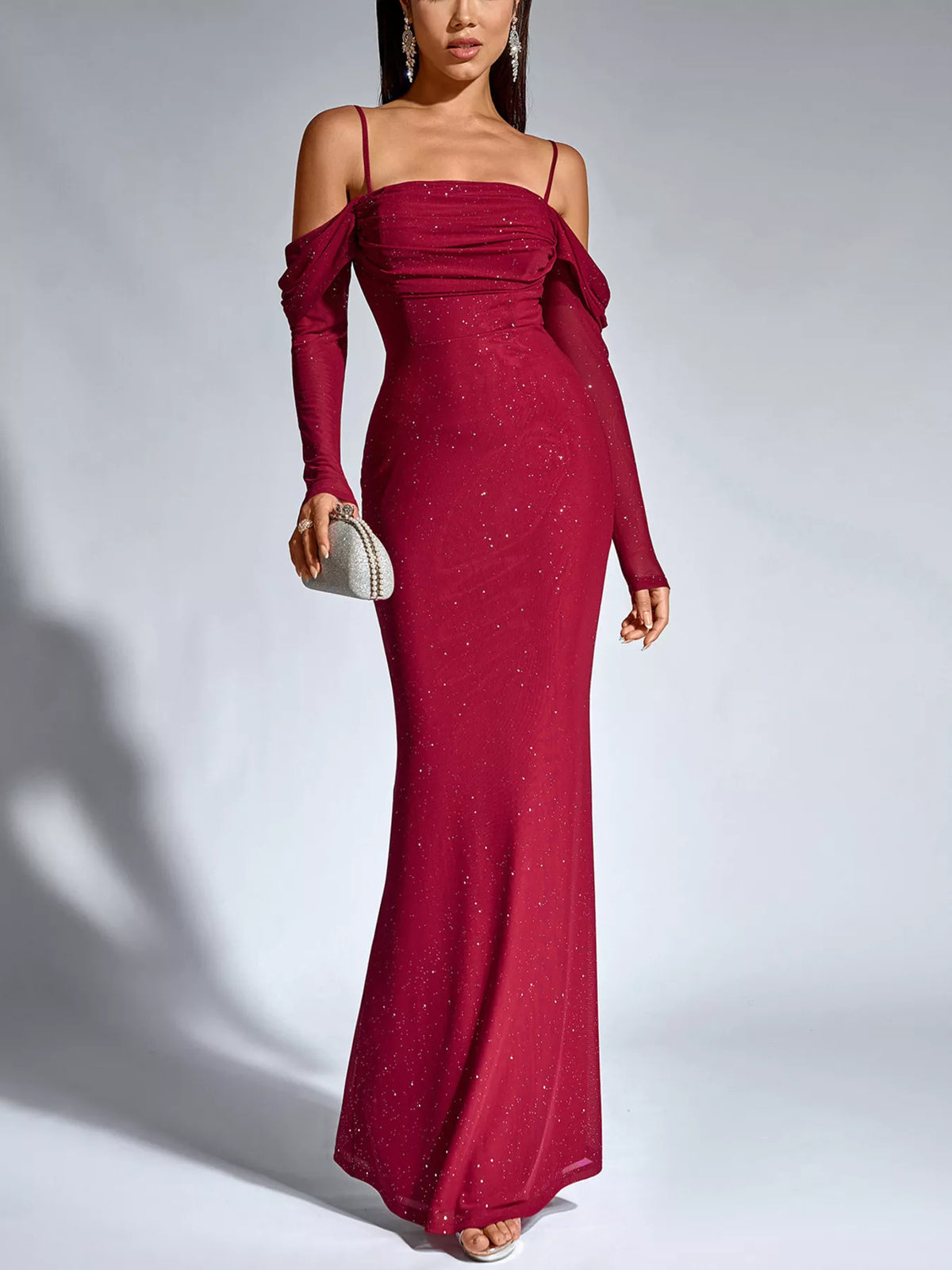 Glitter Ruched Long Sleeve Mermaid Maxi Dress