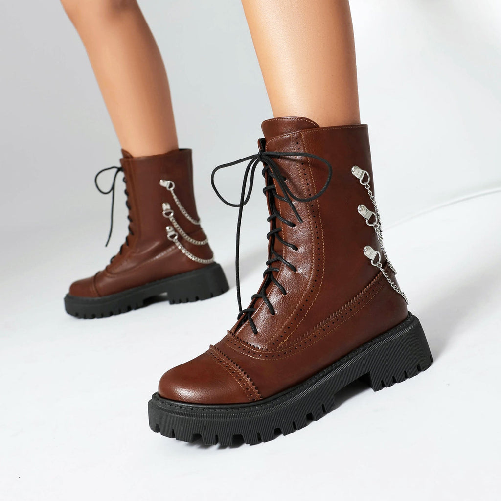 Women's Chunky Heel Mid-Calf Lace-Up Boots | Square Toe Dr. Martens Style | Sizes 35–42