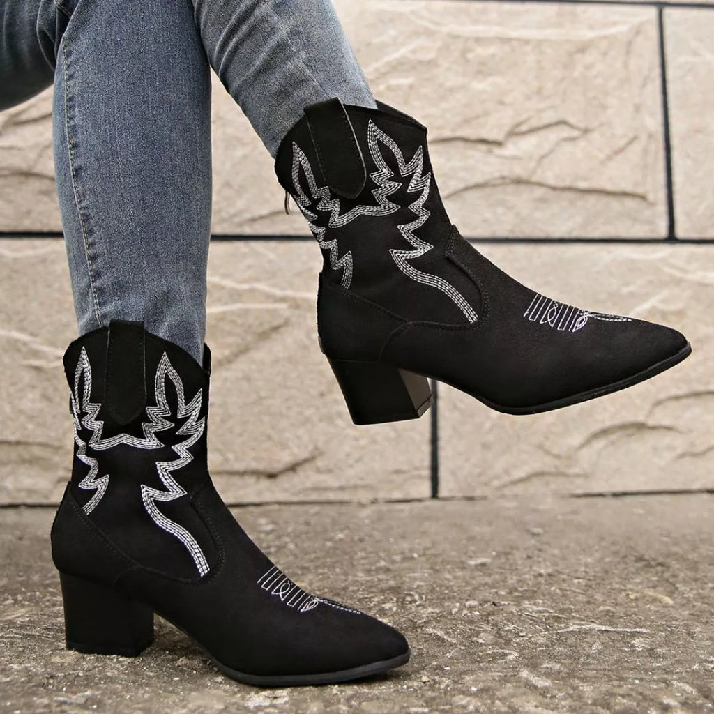 Women's Point Toe Block Heel Boots – Suede Mid Heel Ankle Boots