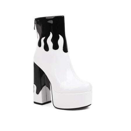 Women's Patent Leather Colorblock Ankle Boots | Chunky Heel Zipper Boots