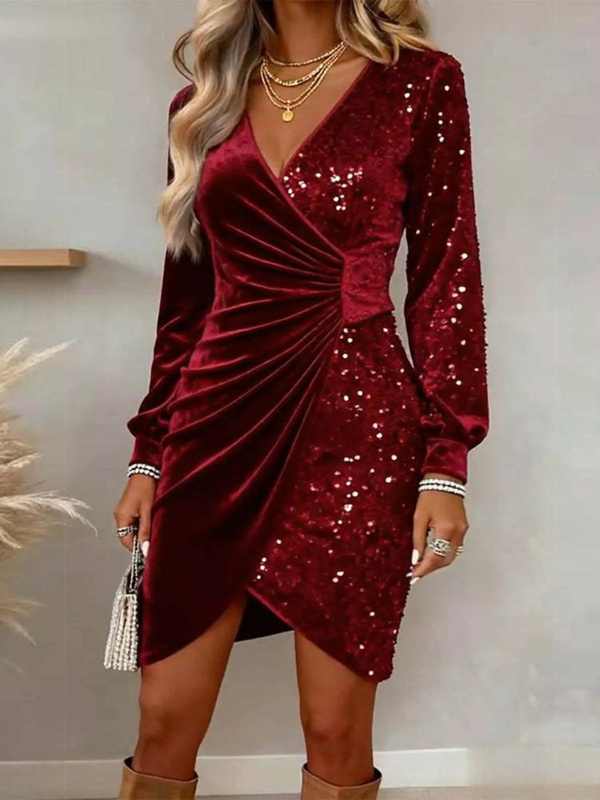 Velvet Sequin Wrap Mini Dress