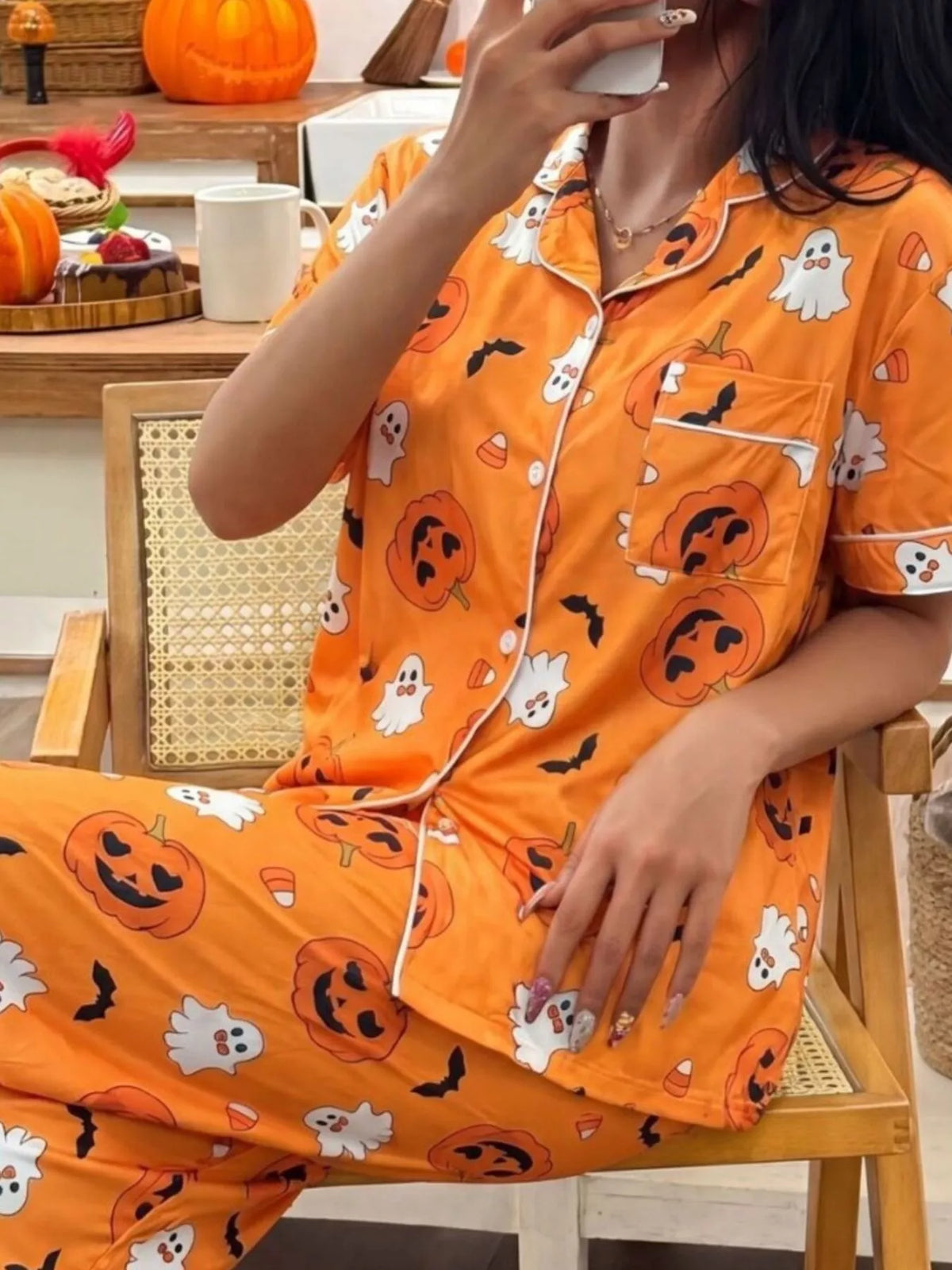 Pumpkin Print Button-Down Lounge Set