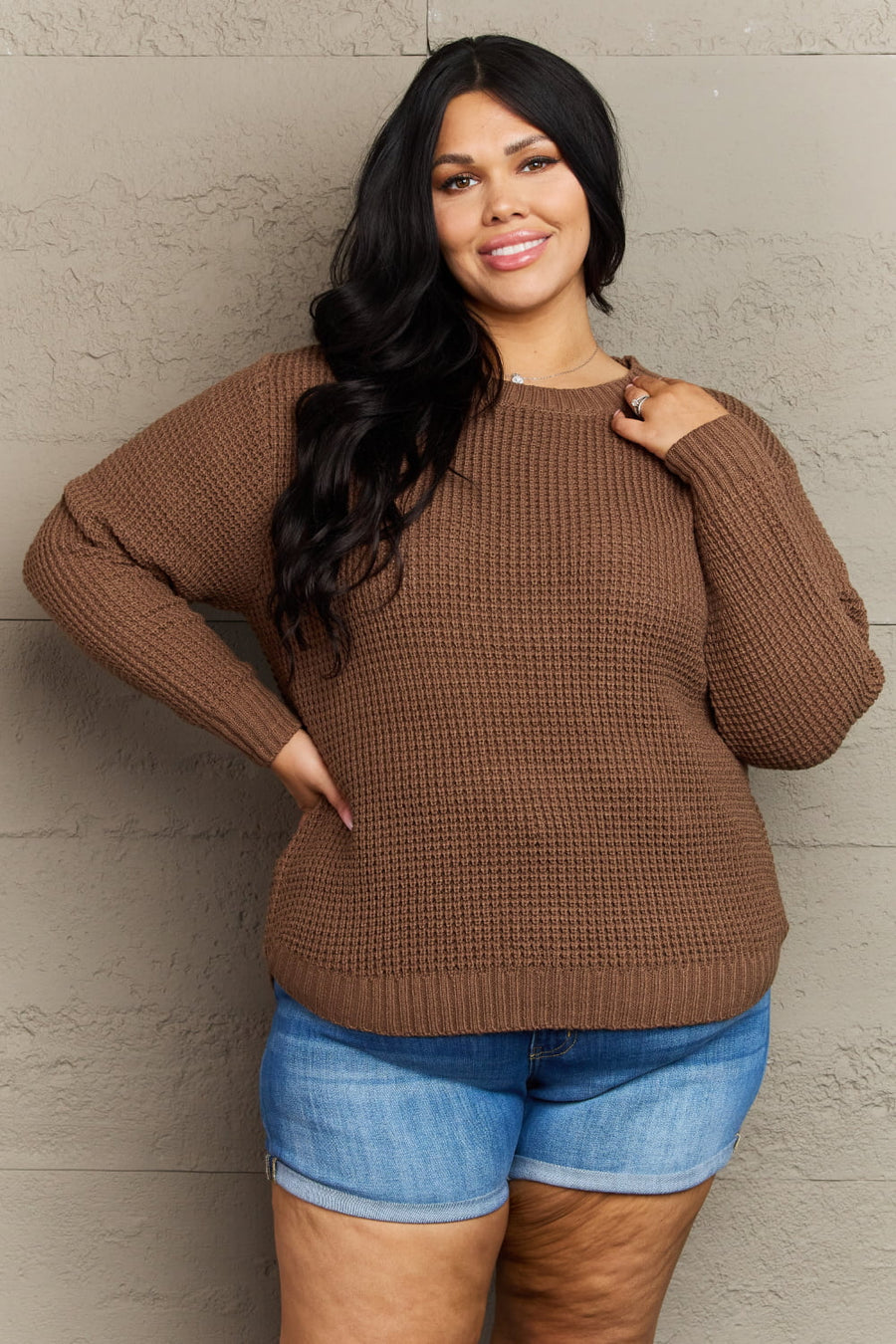 Breezy Days Curve High-Low Waffle Knit Sweater