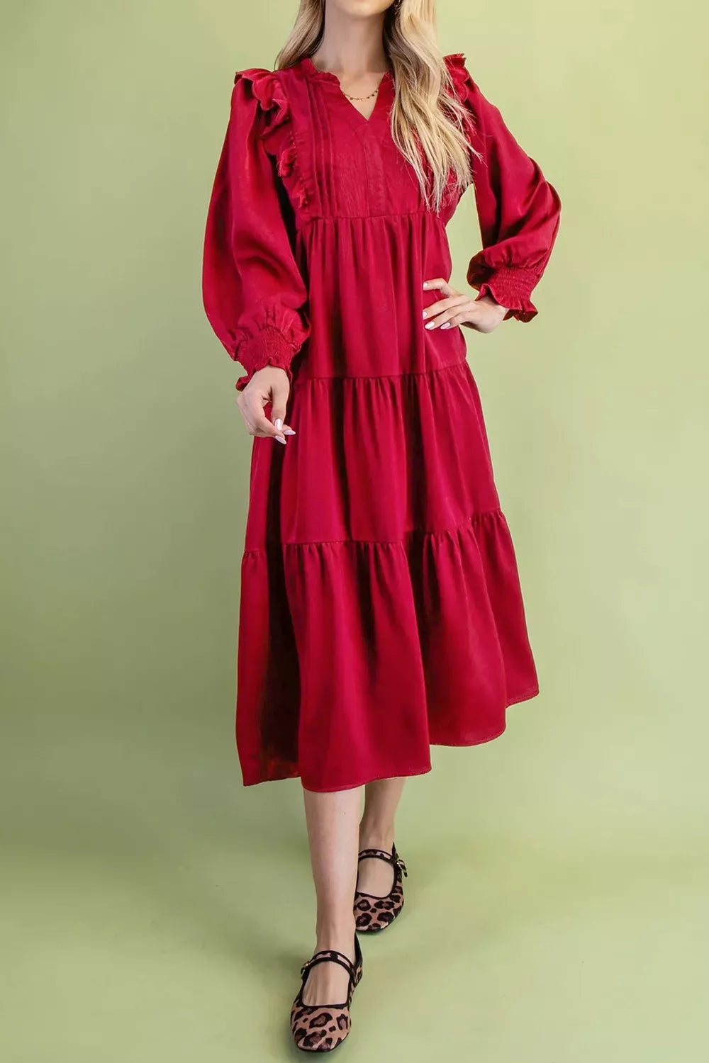 Burgundy Ruffle-Trim Tiered Midi Dress