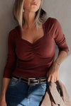 Burgundy ruched square-neck ribbed long-sleeve top, alternate view 4
