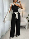 Bow-detail one-shoulder belted wide-leg jumpsuit