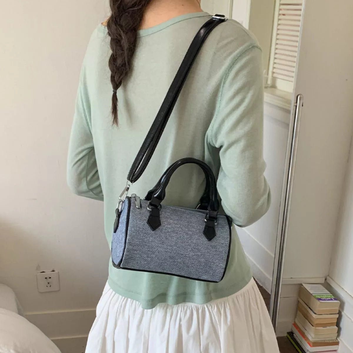 Pastel Blue Denim Barrel Crossbody Bag