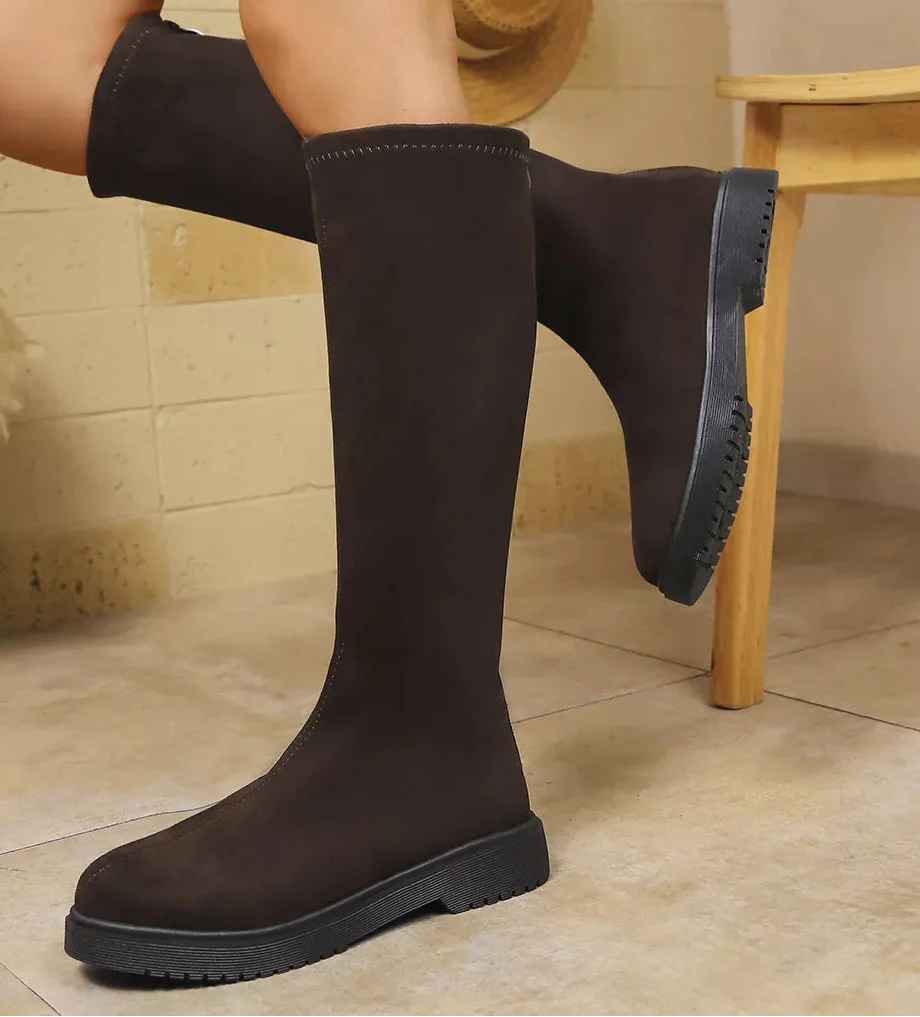 Women's Knee-High Suede Boots | Round Toe Mid-Heel Pull-On Boot