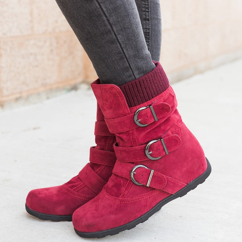 Women's Buckle Strap Winter Boots | Matte Round-Toe Flat Ankle Boots