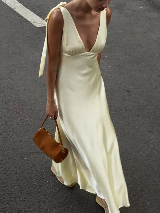 Another view: Satin Tie Shoulder Deep V-Neck Dress