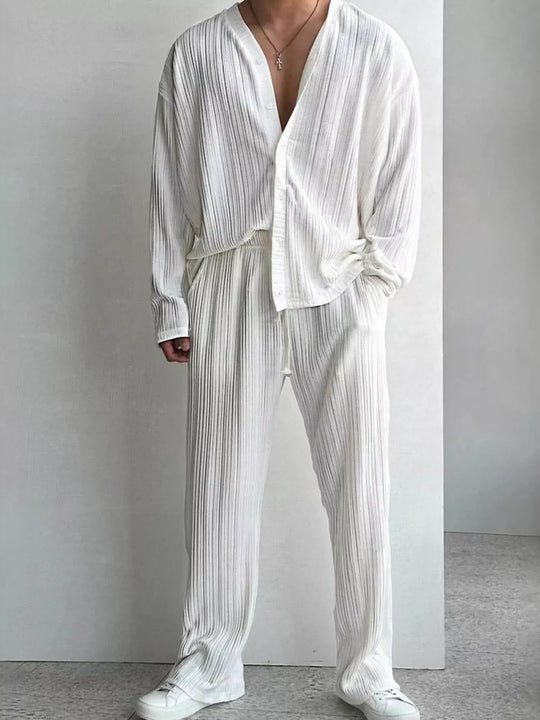Another view: Men's Full Size Textured Button Up Shirt and Pants Set Plus Size