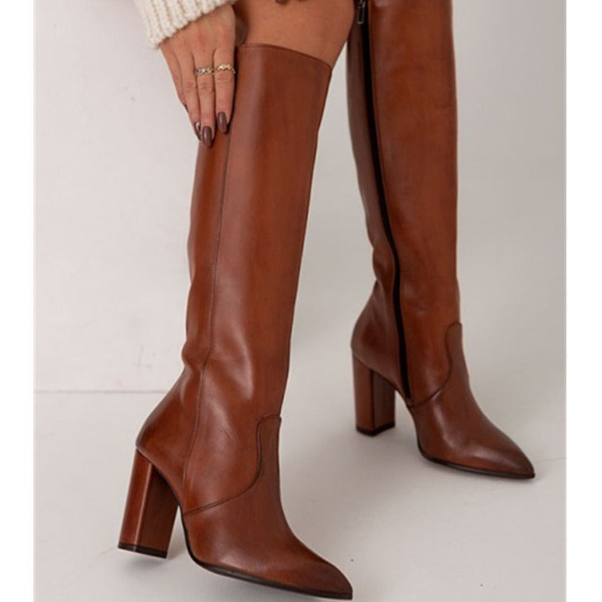 Women's Thigh High Boots – Pointed Toe Chunky Heel Side Zip | Brown & Black | Sizes 34–43