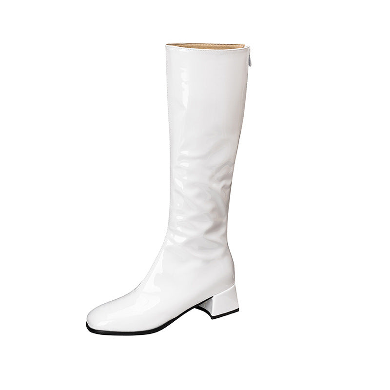 Women's Chunky Heel Square Toe Over-the-Knee Boots – PU Leather Back Zipper Thigh High Boots