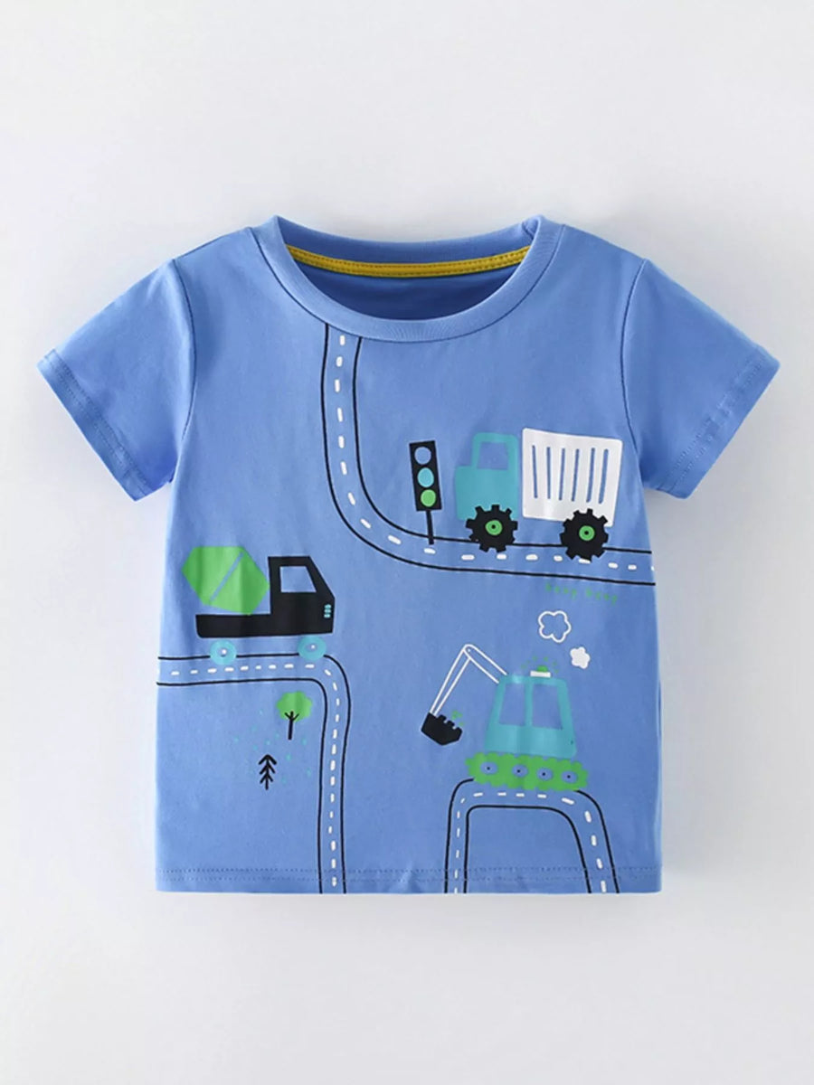 Kids' Construction Vehicle Cotton T-Shirt — Blue