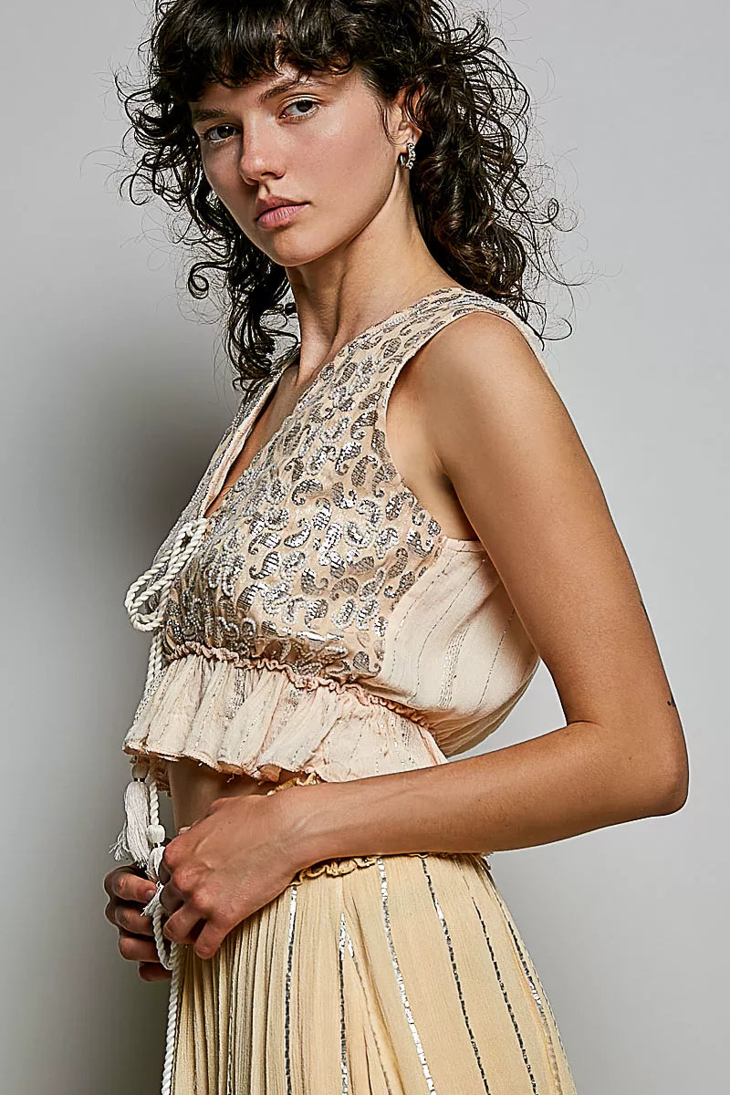 POL Shimmer Tie-Front Ruffle Crop Top