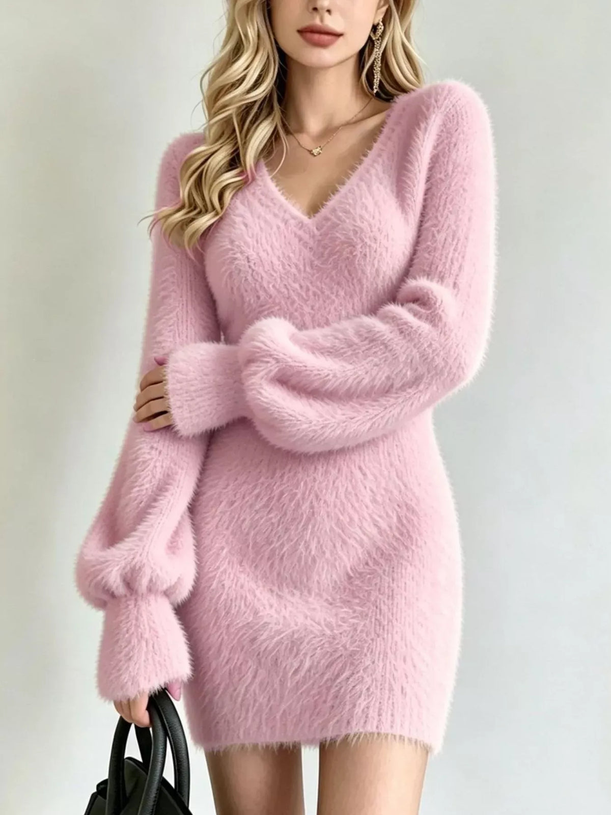 Fuzzy V-Neck Long-Sleeve Sweater Dress — photo 2
