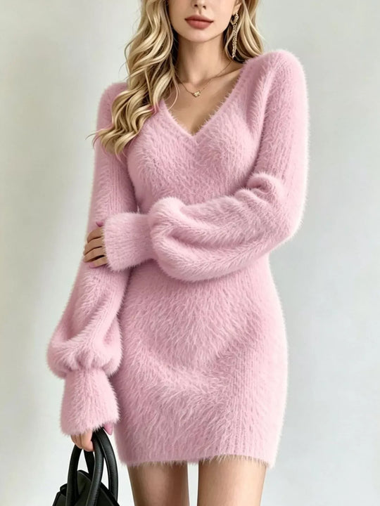 Another view: Fuzzy V-Neck Long-Sleeve Sweater Dress