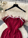 Feather-trim strapless belted wide-leg jumpsuit