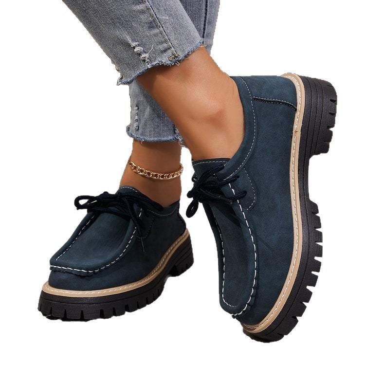 Women's Lace-Up British Striped Loafers | Cow Suede Leather Shoes