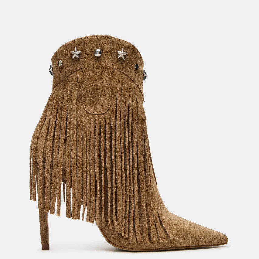 Fringed Studded High-Heel Pointed-Toe Ankle Boots – Side Zipper, Suede, Stiletto Heel | Sarah Express