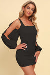 Square-neck split-sleeve fitted mini dress