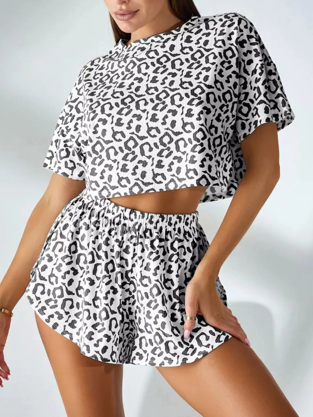 Women's Leopard Crop Top & High-Waisted Shorts Set