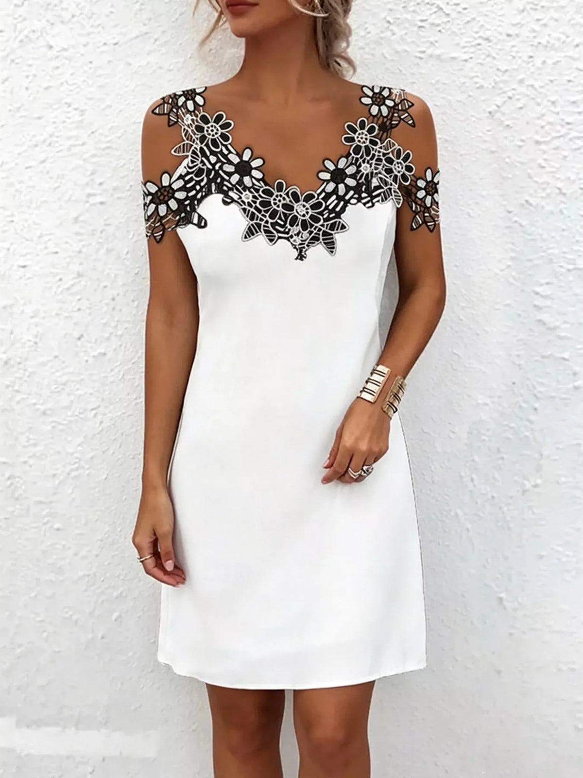 Floral Lace-Trim Cold-Shoulder Mini Dress