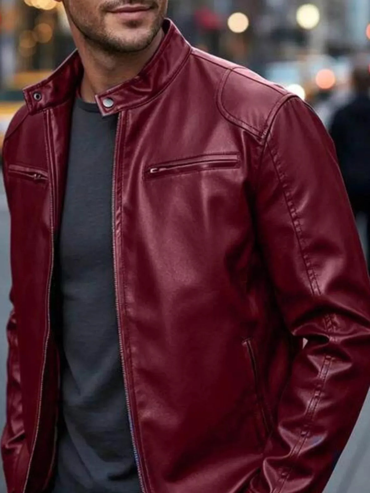 Men's Faux Leather Zip-Pocket Bomber — photo 24