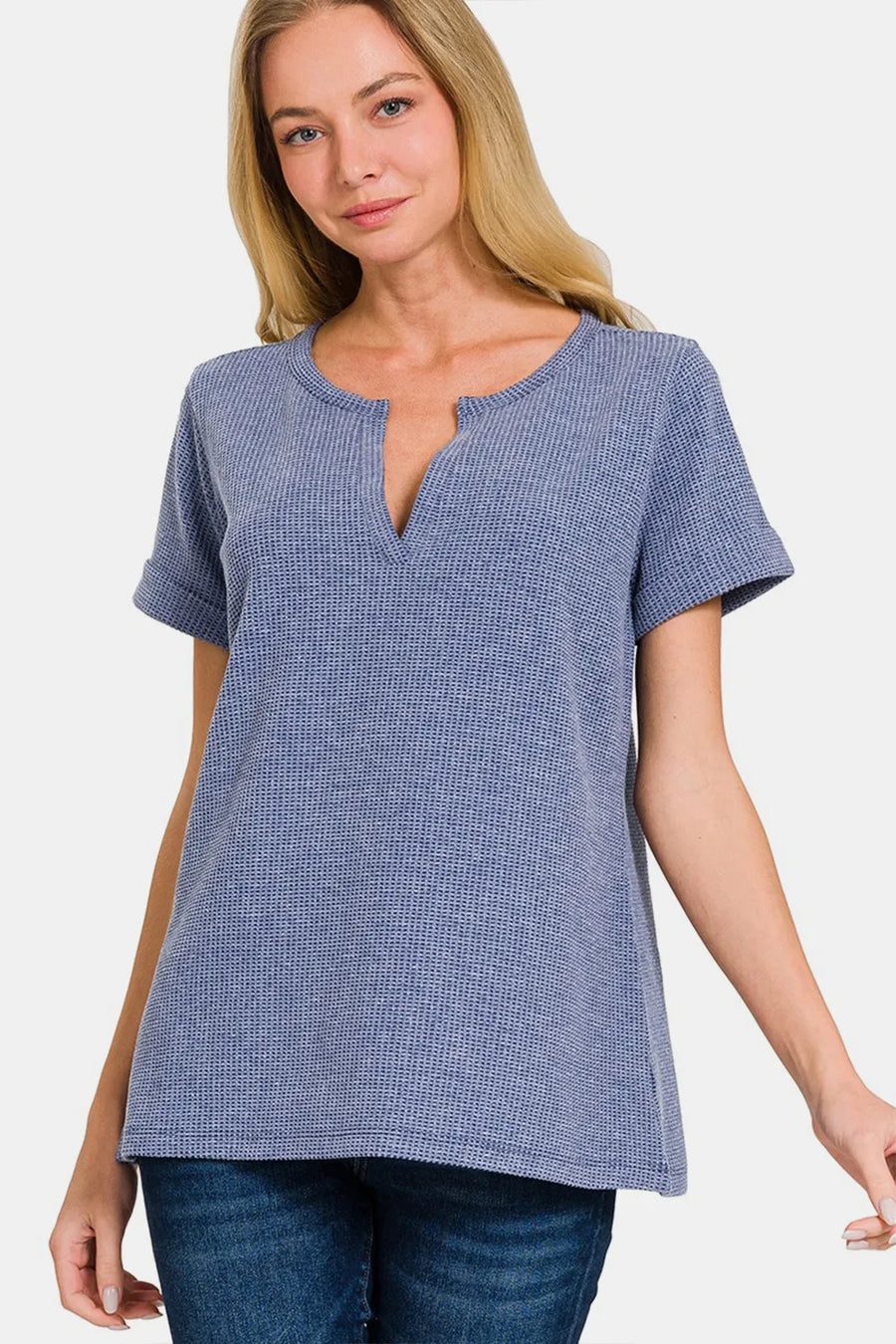 Notched Short Sleeve Waffle T-Shirt — Denim