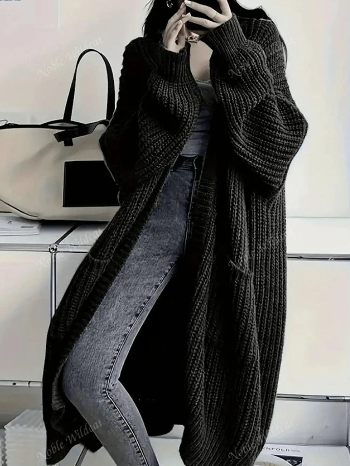 Oversized Openwork Longline Cardigan with Pockets — photo 74