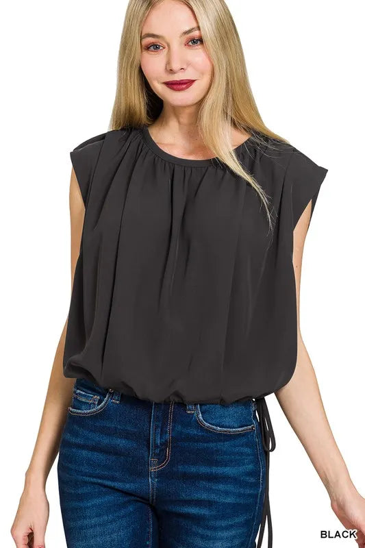 Woven Drawstring Tie Side Sleeveless Top