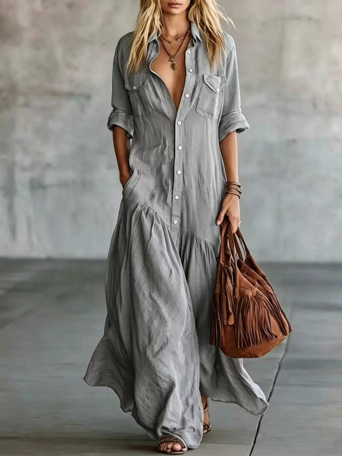 Button-Front Roll-Sleeve Maxi Dress