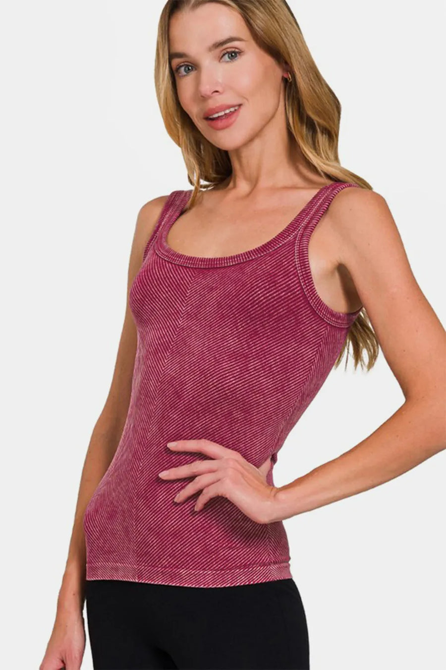Ribbed Scoop Neck Tank — Burgundy