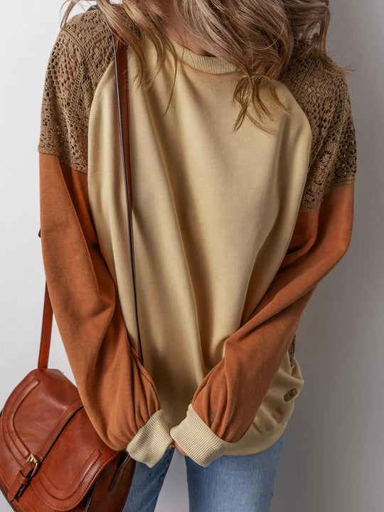 Another view: Lace-Patchwork Colorblock Drop-Shoulder Sweatshirt — Tan